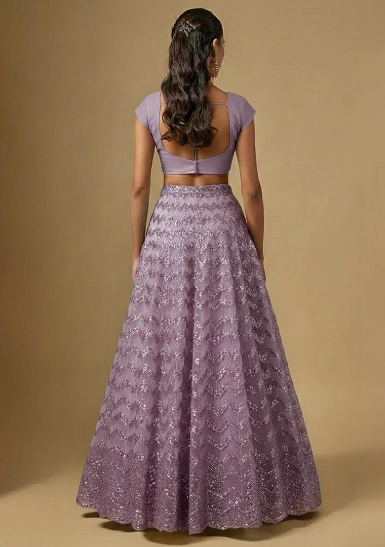 Lavender Sequin Embroidery Net Lehenga Set - Indya