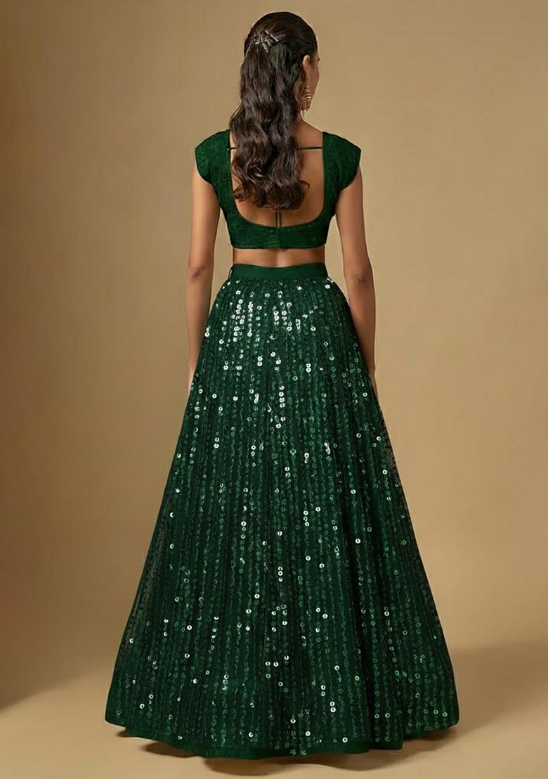 Emerald Green Sequin Embroidery Net Lehenga Set - Indya