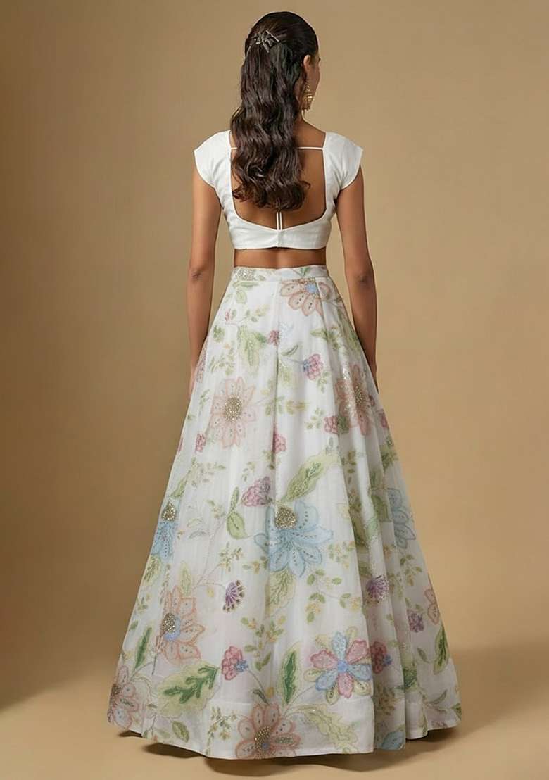 Ivory Embroidered Poly Blend Lehenga Set - Indya