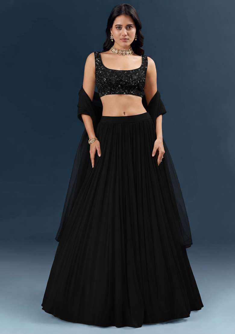 Black Georgette Lehenga Set With Sequin Embroidery Blouse - Indya