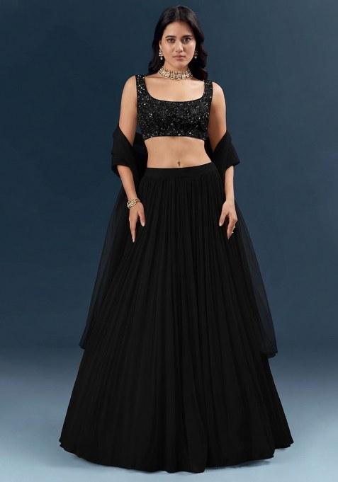 Black Georgette Lehenga Set With Sequin Embroidery Blouse