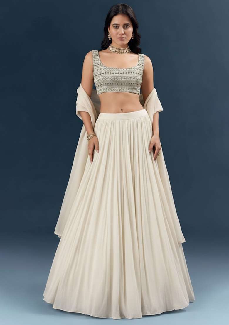 Off White Georgette Lehenga Set With Sequin Embroidery Blouse - Indya