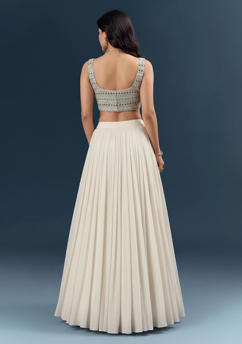 Off White Georgette Lehenga Set With Sequin Embroidery Blouse - Indya