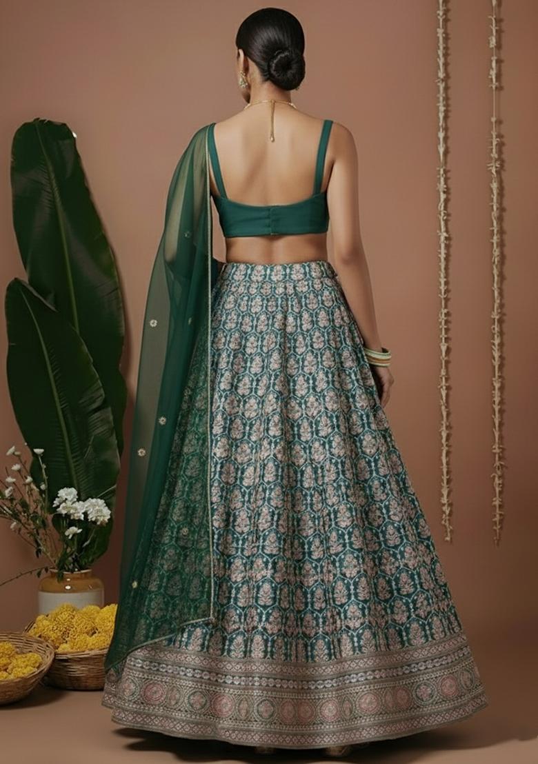 Bottle Green Embroidered Silk Lehenga Set - Indya