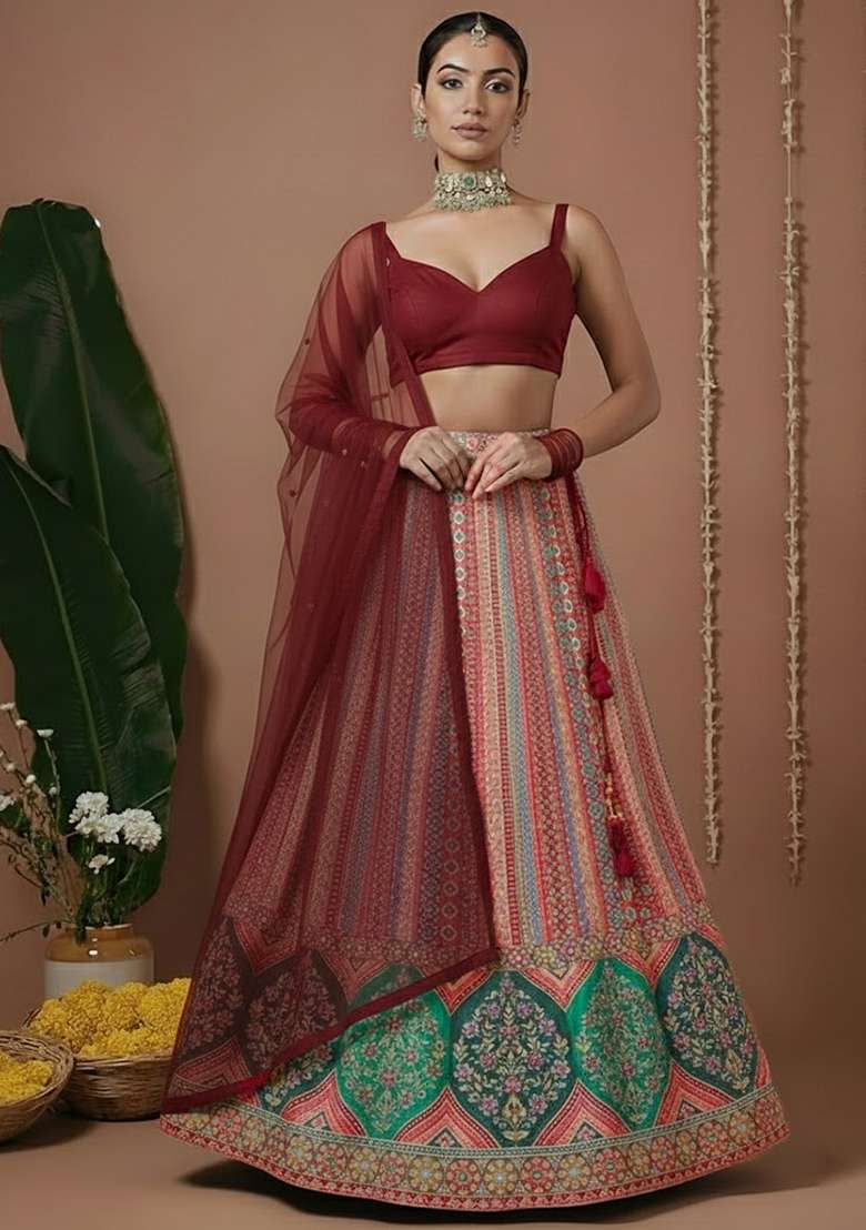 Deep Maroon Embroidered Silk Blend Lehenga Set - Indya