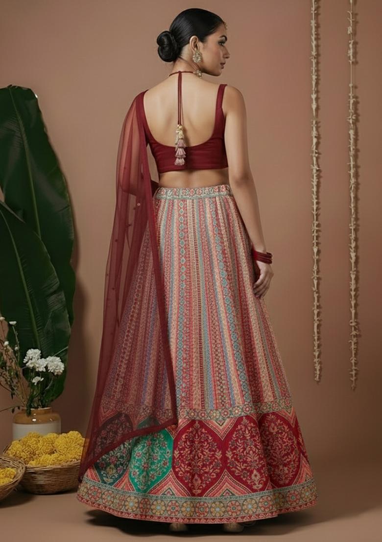 Deep Maroon Embroidered Silk Lehenga Set - Indya