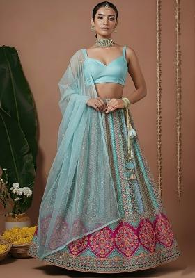 Aqua Blue Embroidered Silk Lehenga Set