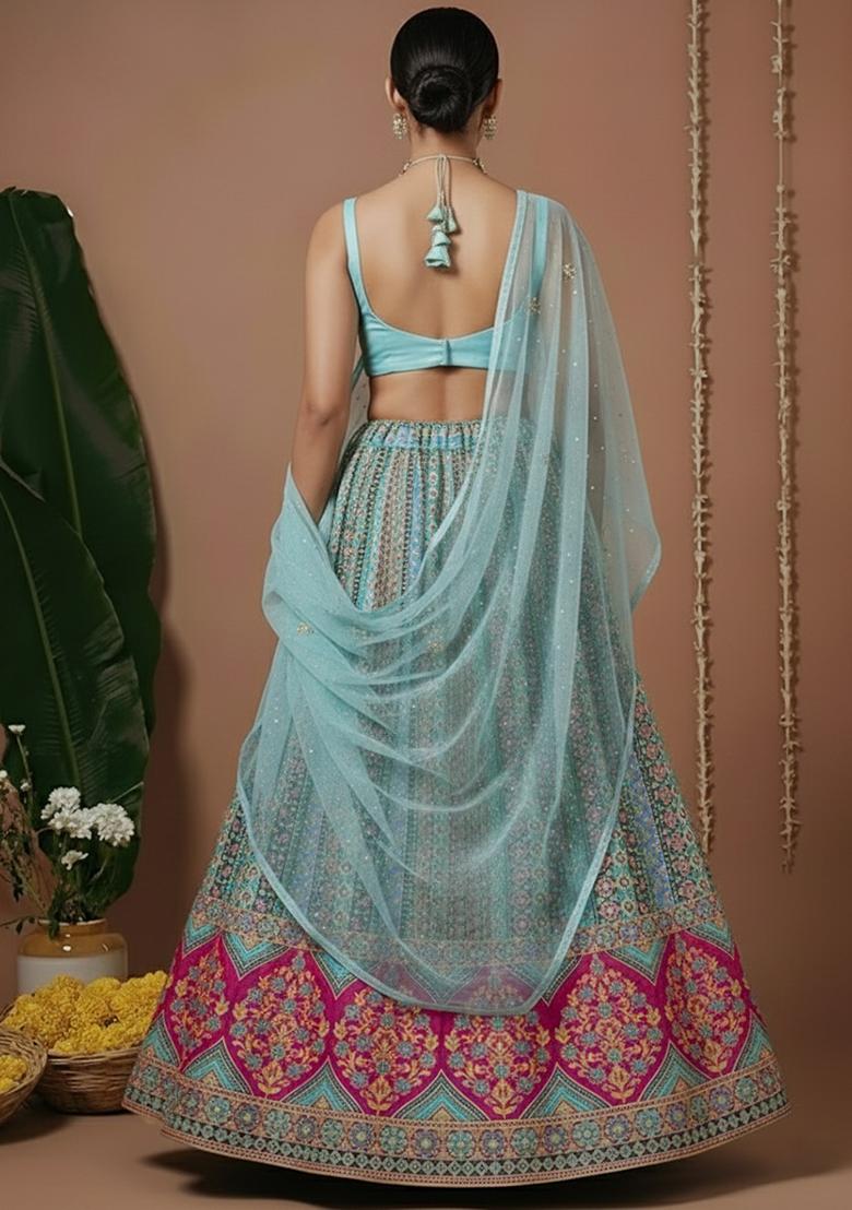 Aqua Blue Embroidered Silk Lehenga Set - Indya