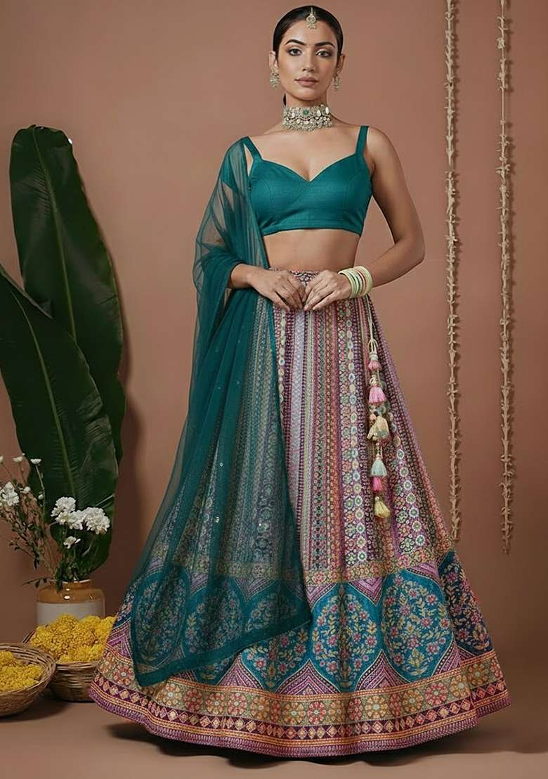 Teal Embroidered Silk Lehenga Set - Indya