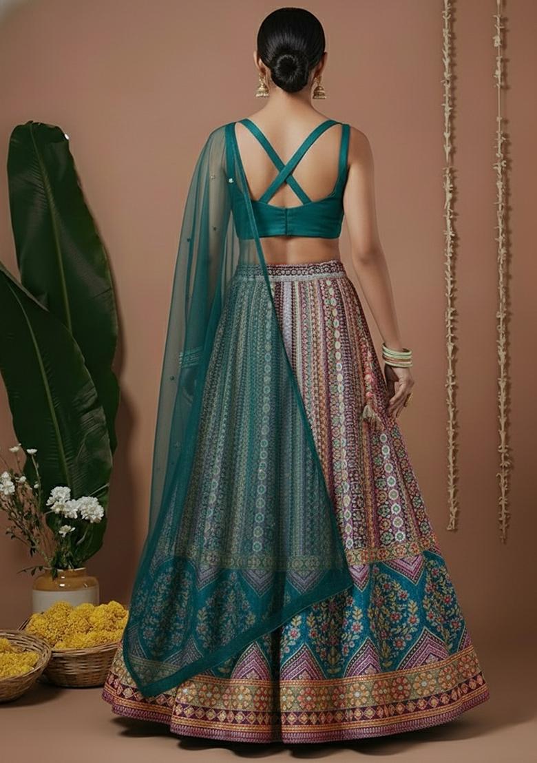 Teal Embroidered Silk Lehenga Set - Indya