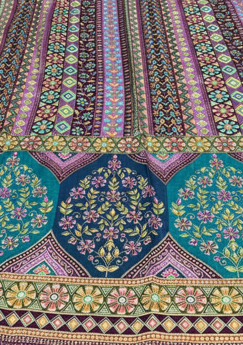 Teal Embroidered Silk Lehenga Set - Indya
