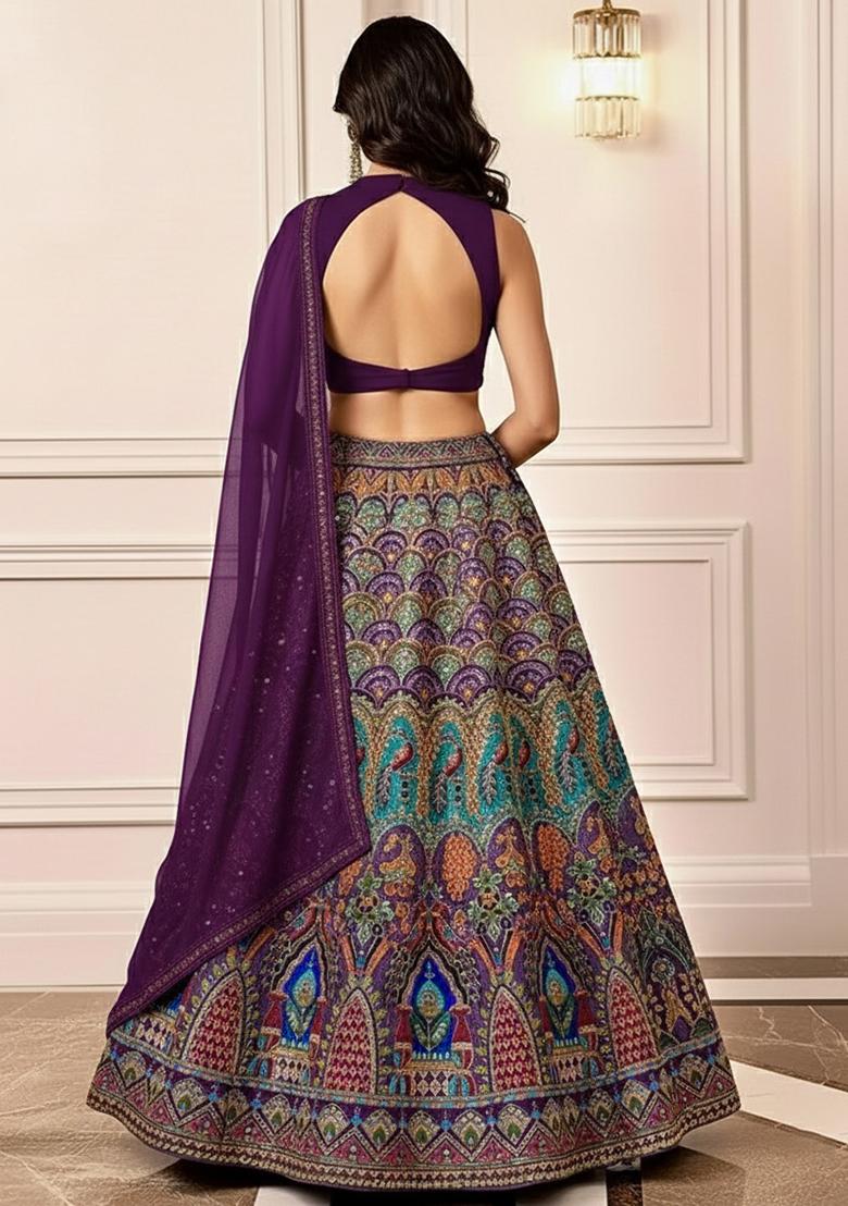 Deep Purple Embroidered Crepe Lehenga Set - Indya