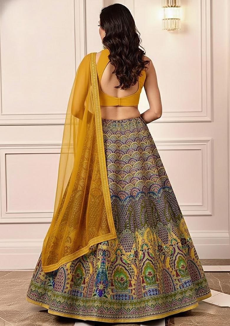Yellow Embroidered Crepe Lehenga Set - Indya