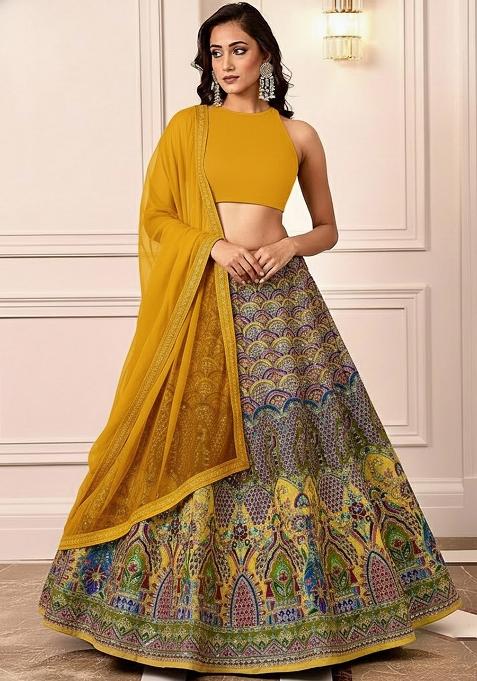 Yellow Embroidered Crepe Lehenga Set