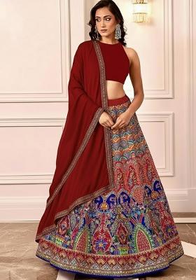 Maroon Embroidered Crepe Lehenga Set