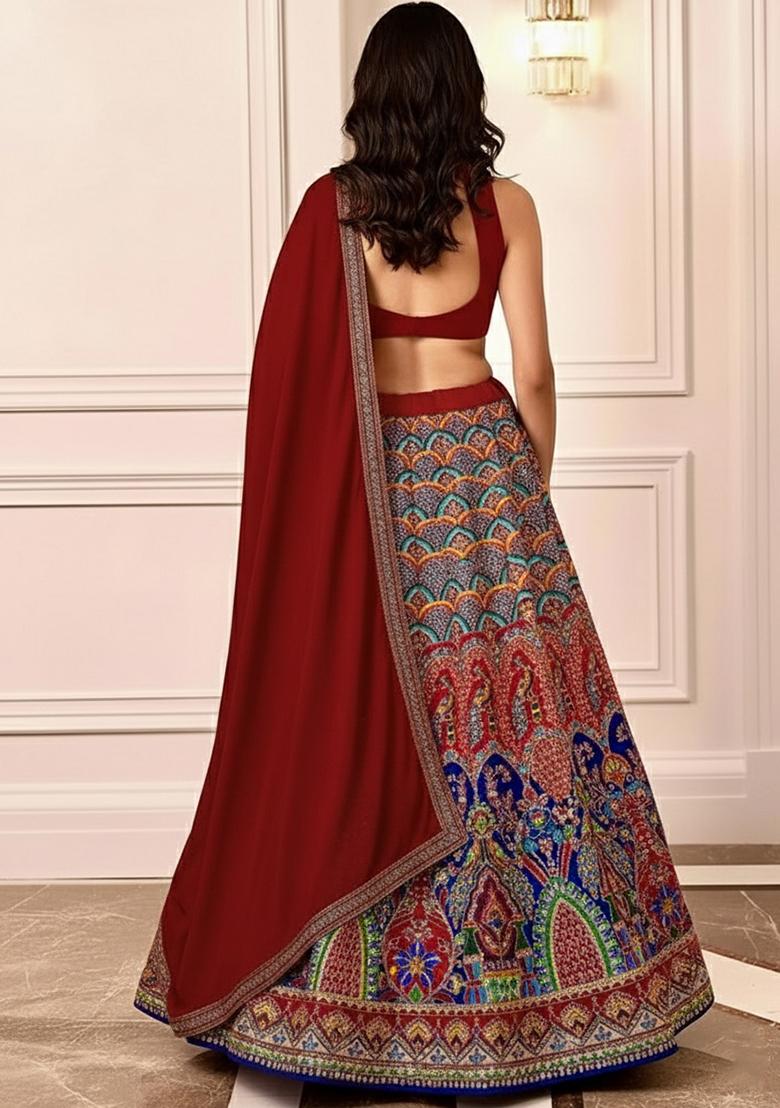 Maroon Embroidered Crepe Lehenga Set - Indya