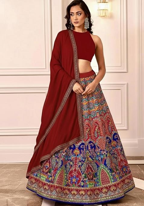 Maroon Embroidered Crepe Lehenga Set