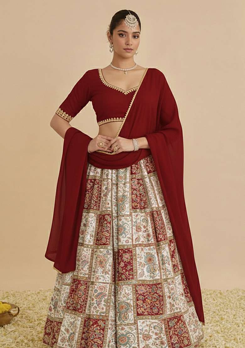 Maroon Printed Poly Blend Lehenga Set - Indya