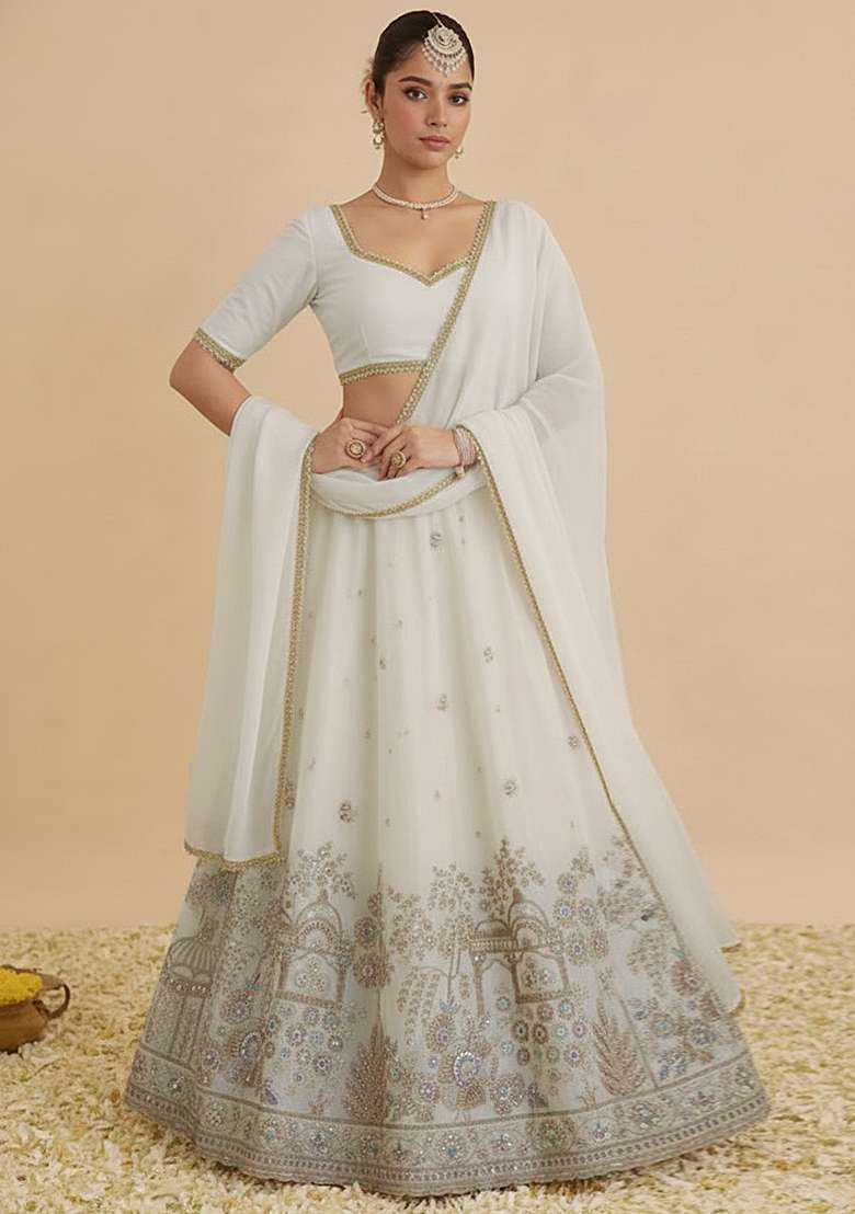 Cream Embroidered Crepe Lehenga Set - Indya