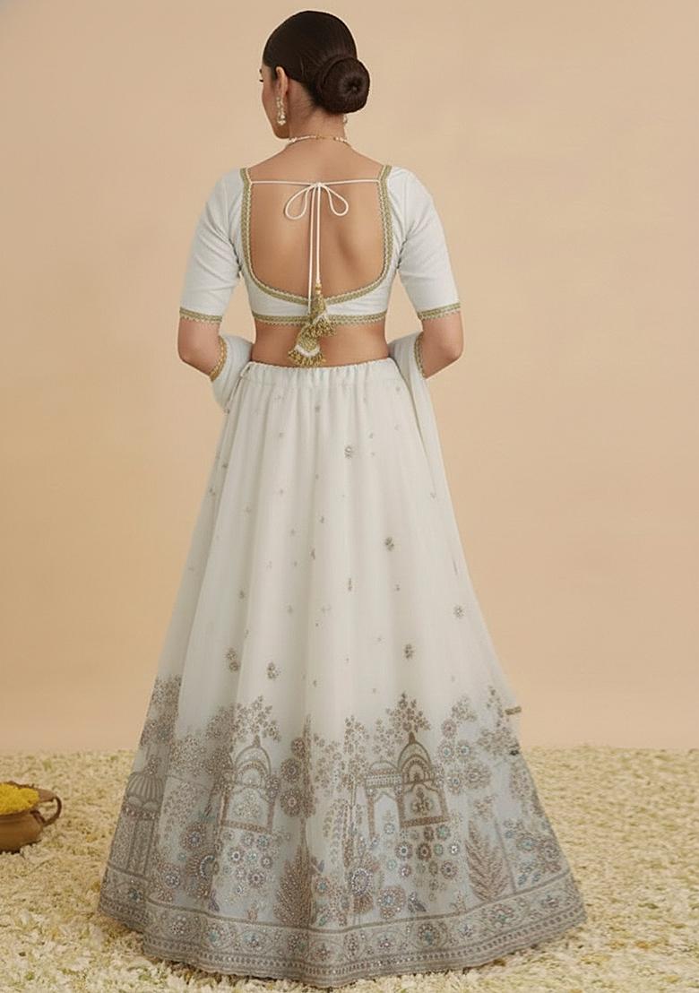 Cream Embroidered Crepe Lehenga Set - Indya