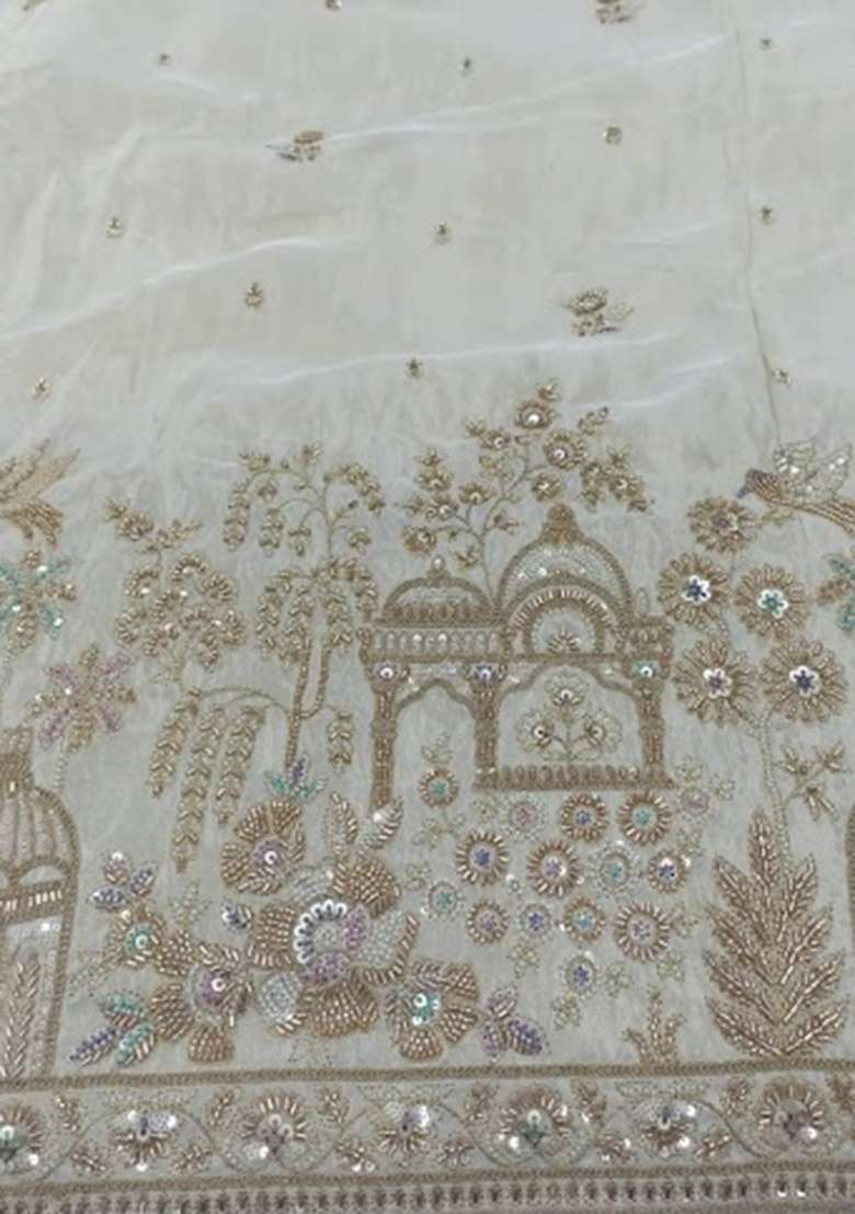 Cream Embroidered Crepe Lehenga Set - Indya