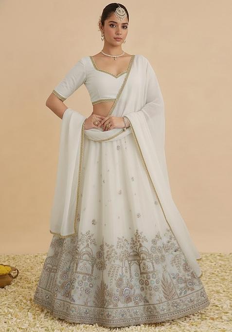 Cream Embroidered Crepe Lehenga Set