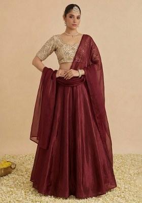 Deep Maroon Tissue Lehenga Set With Printed Buti Blouse