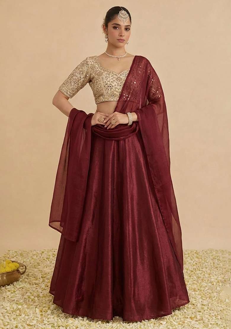 Deep Maroon Tissue Lehenga Set With Printed Buti Blouse - Indya