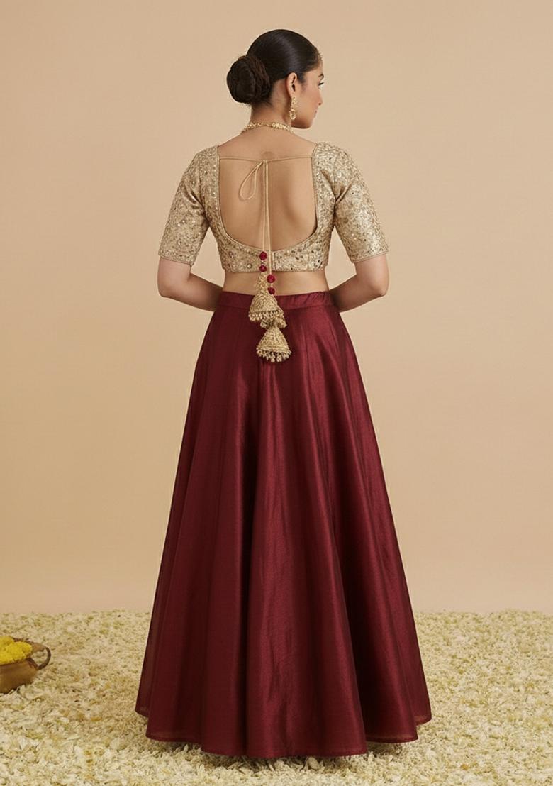 Deep Maroon Tissue Lehenga Set With Printed Buti Blouse - Indya
