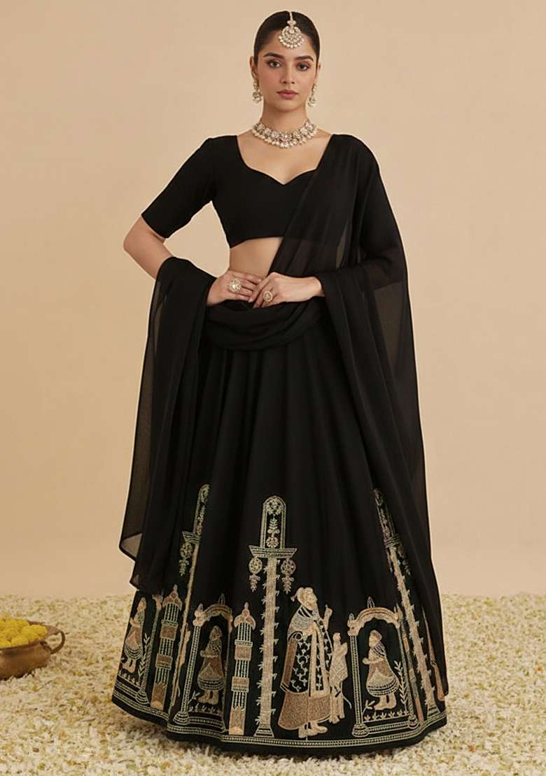 Black Embroidered Velvet Lehenga Set - Indya