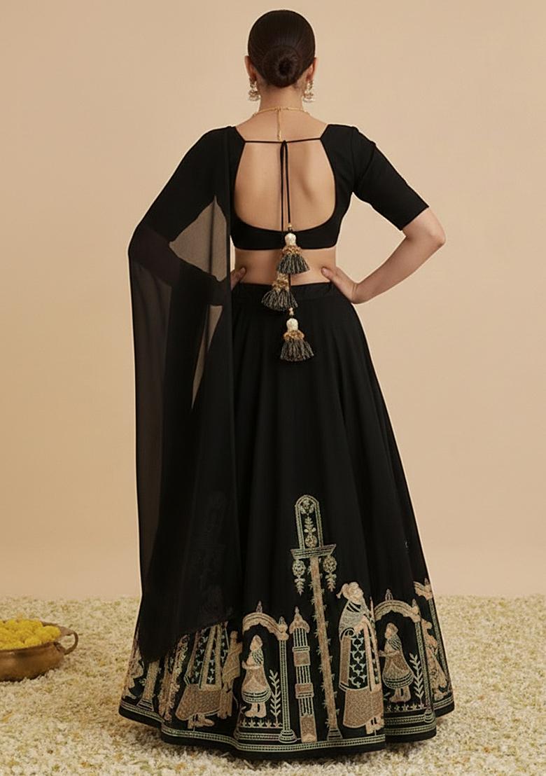 Black Embroidered Velvet Lehenga Set - Indya
