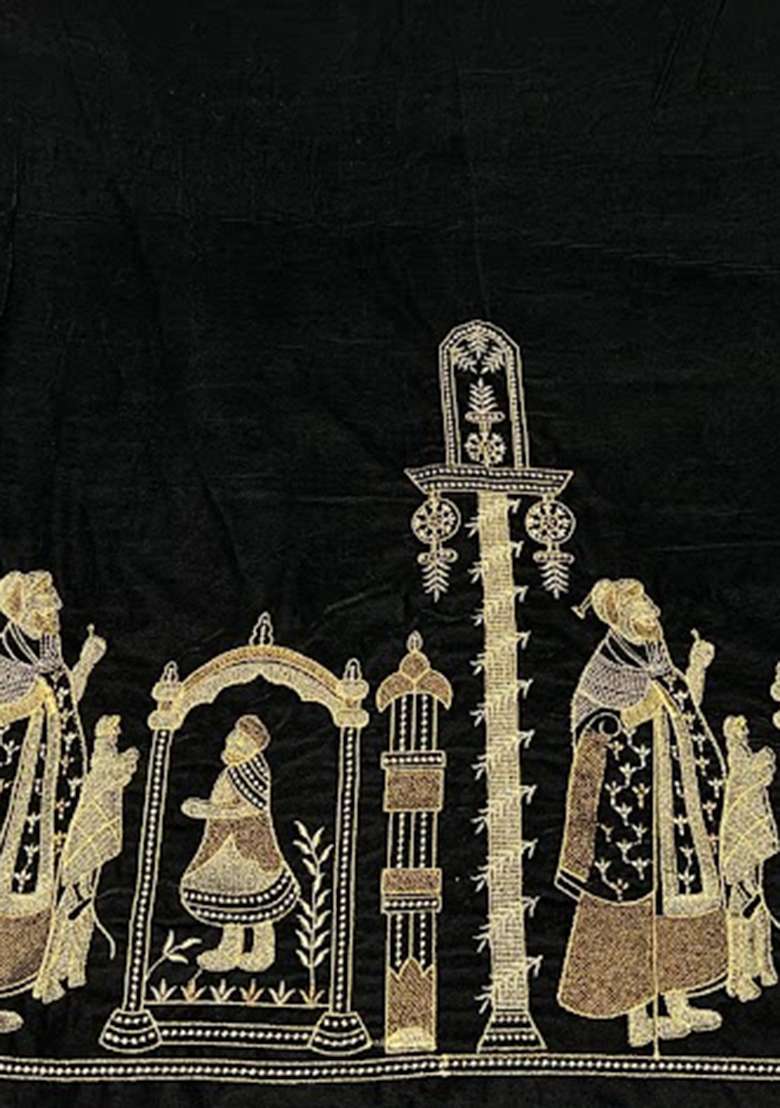 Black Embroidered Velvet Lehenga Set - Indya