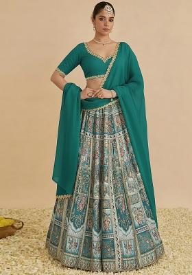 Teal Green Printed Crepe Lehenga Set