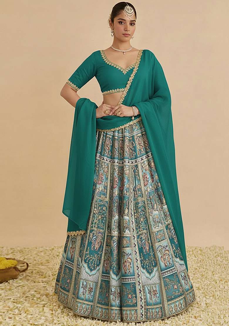 Teal Green Printed Crepe Lehenga Set - Indya