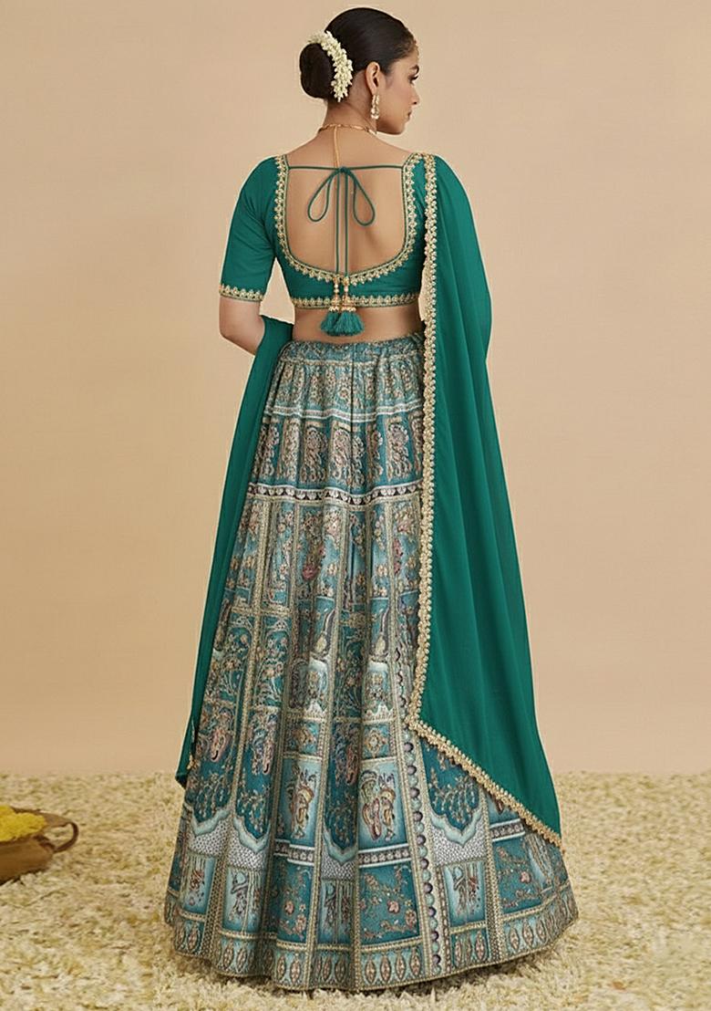 Teal Green Printed Crepe Lehenga Set - Indya