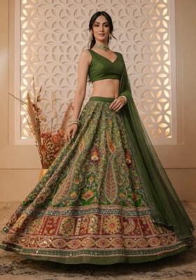 Green Floral Print Crepe Lehenga Set