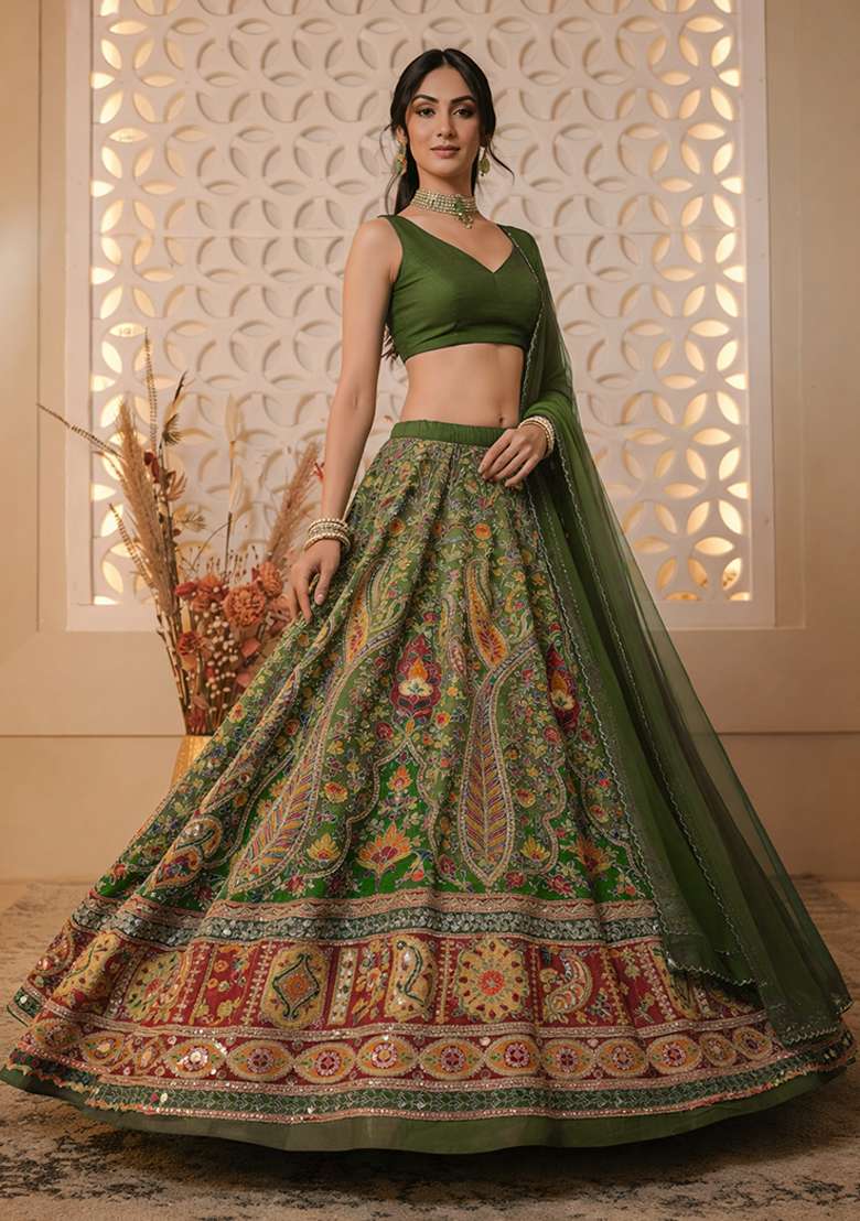 Green Floral Print Crepe Lehenga Set - Indya