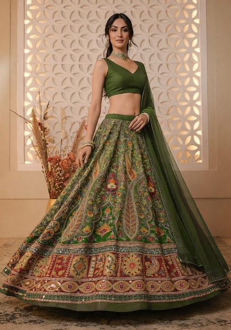 Green Floral Print Crepe Lehenga Set