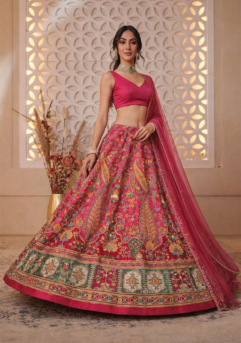 Pink Floral Print Crepe Lehenga Set - Indya