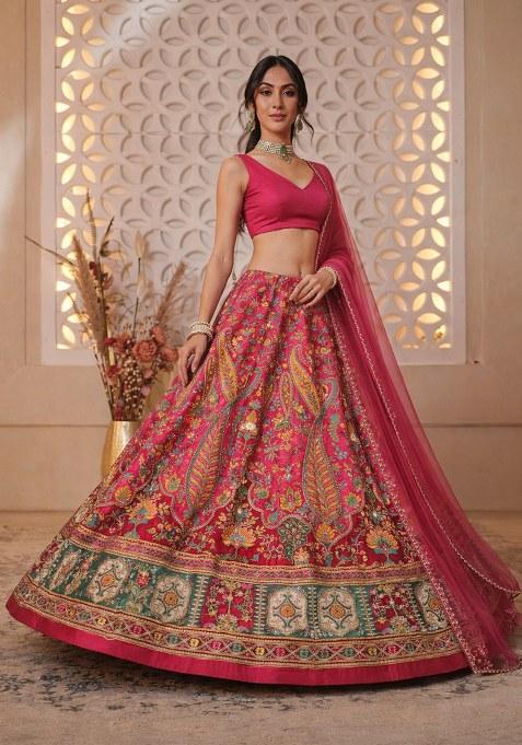 Pink Floral Print Crepe Lehenga Set