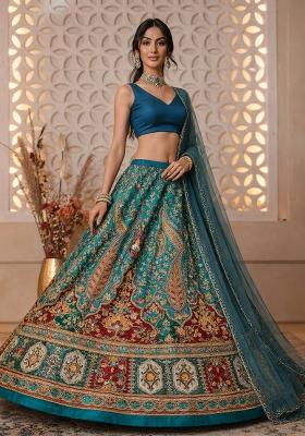 Peacock Blue Floral Print Crepe Lehenga Set