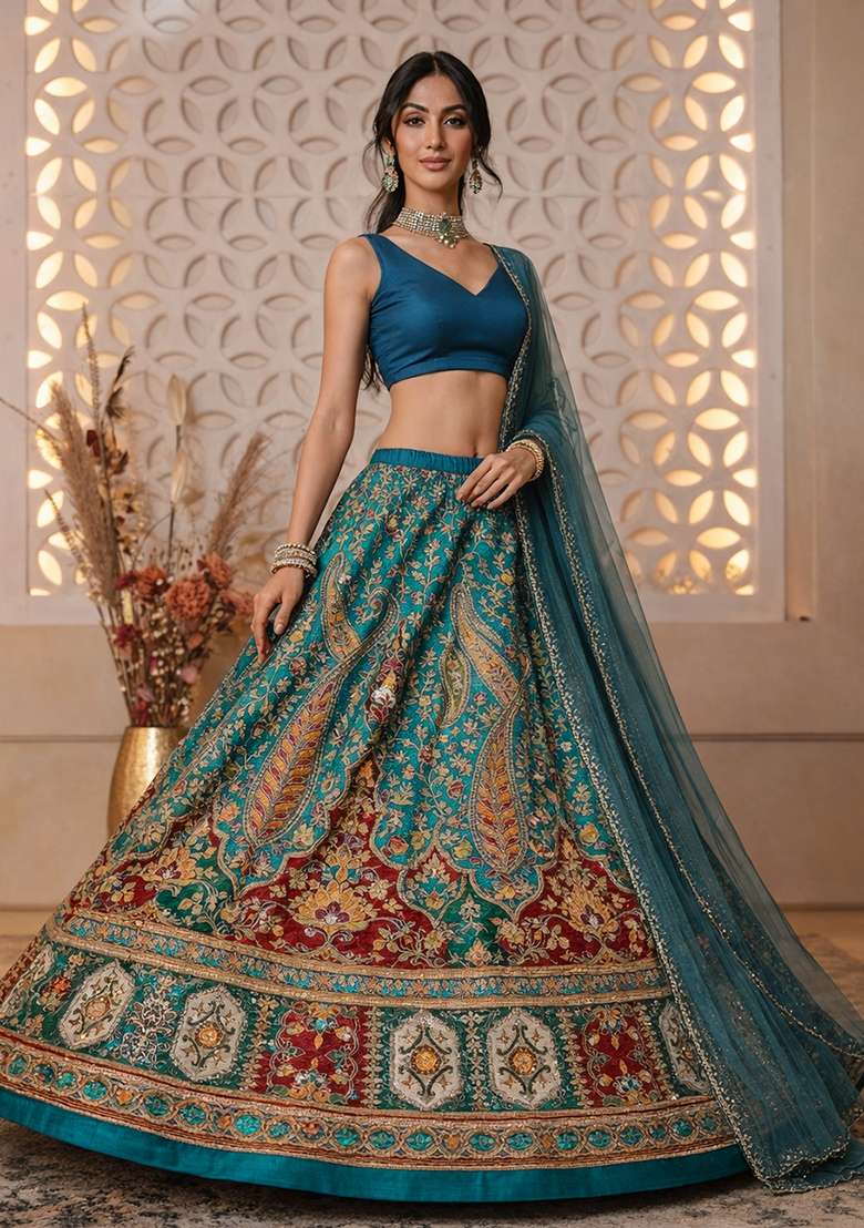 Peacock Blue Floral Print Crepe Lehenga Set - Indya