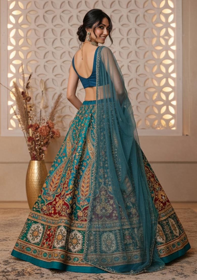 Peacock Blue Floral Print Crepe Lehenga Set - Indya