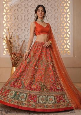 Orange Floral Print Crepe Lehenga Set