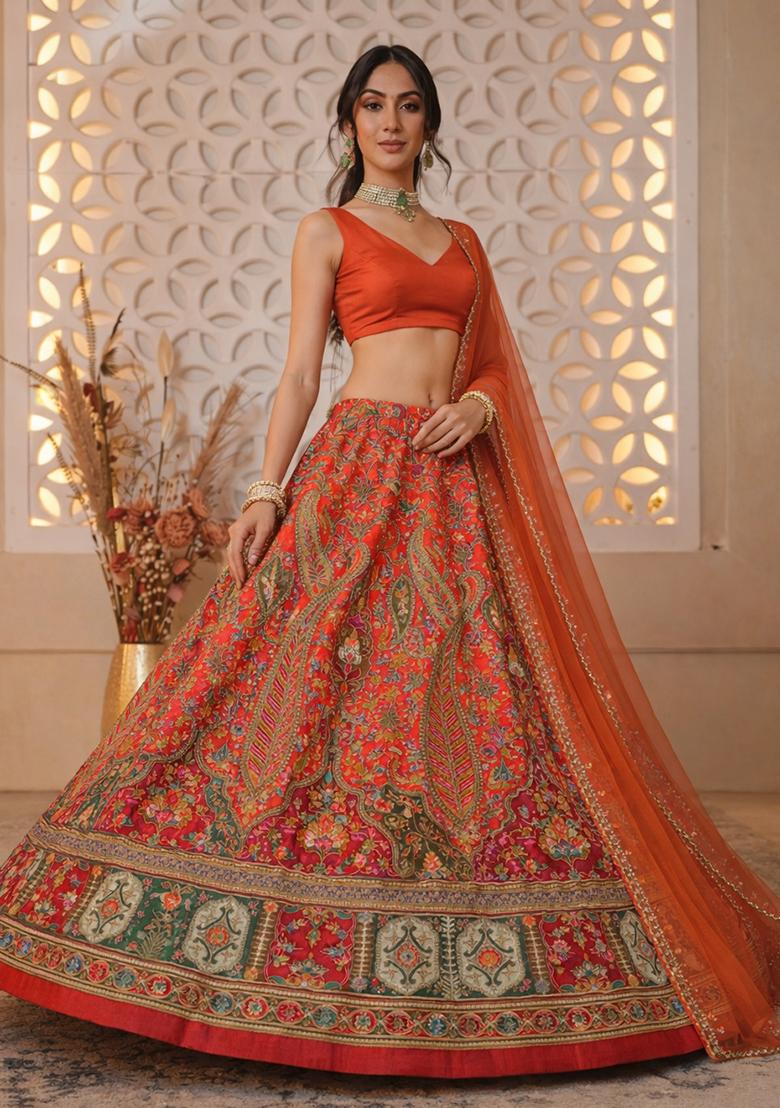 Orange Floral Print Crepe Lehenga Set - Indya