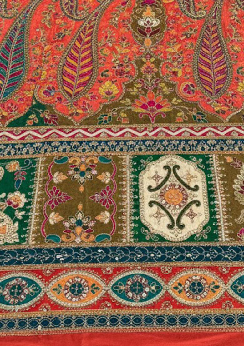 Orange Floral Print Crepe Lehenga Set - Indya