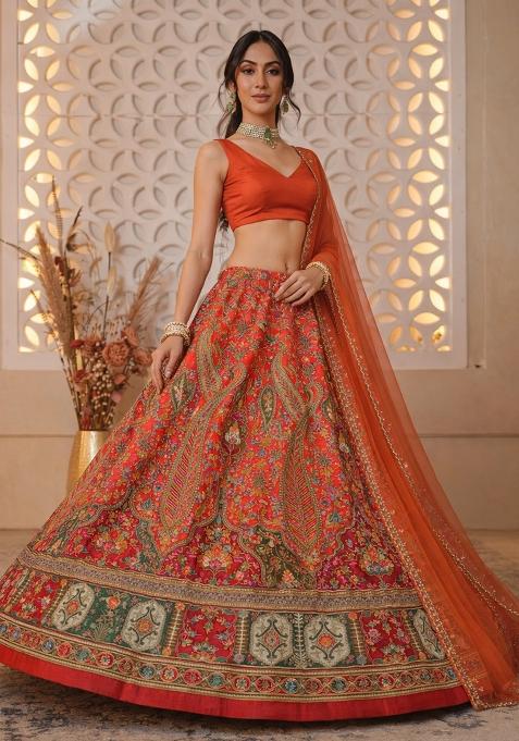 Orange Floral Print Crepe Lehenga Set