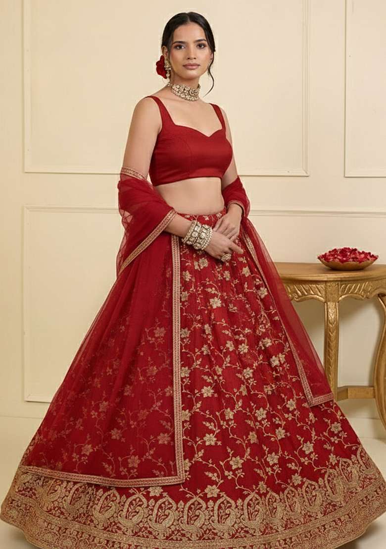 Red Zari Tissue Lehenga Set - Indya