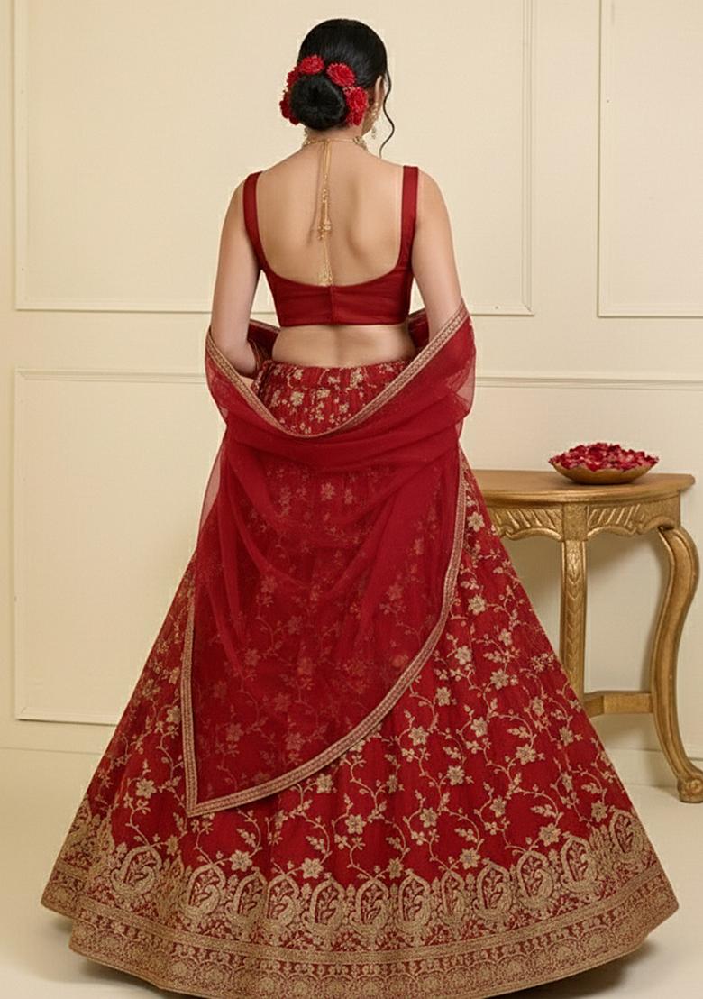 Red Zari Tissue Lehenga Set - Indya