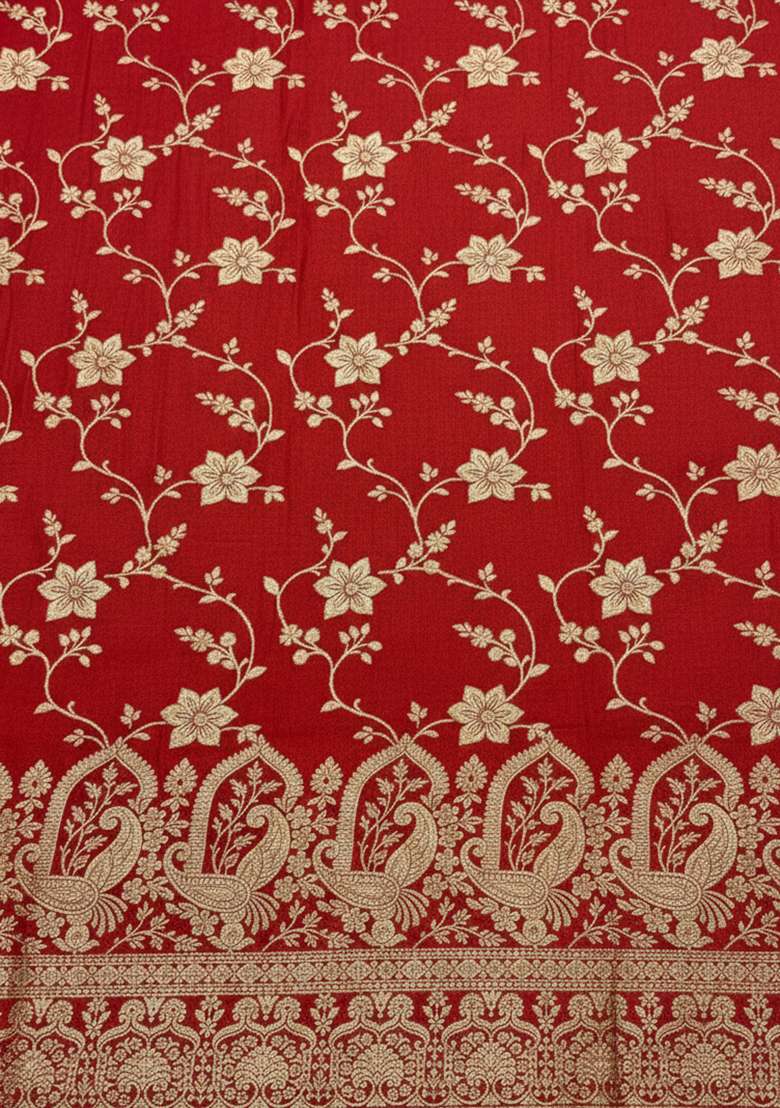 Red Zari Tissue Lehenga Set - Indya